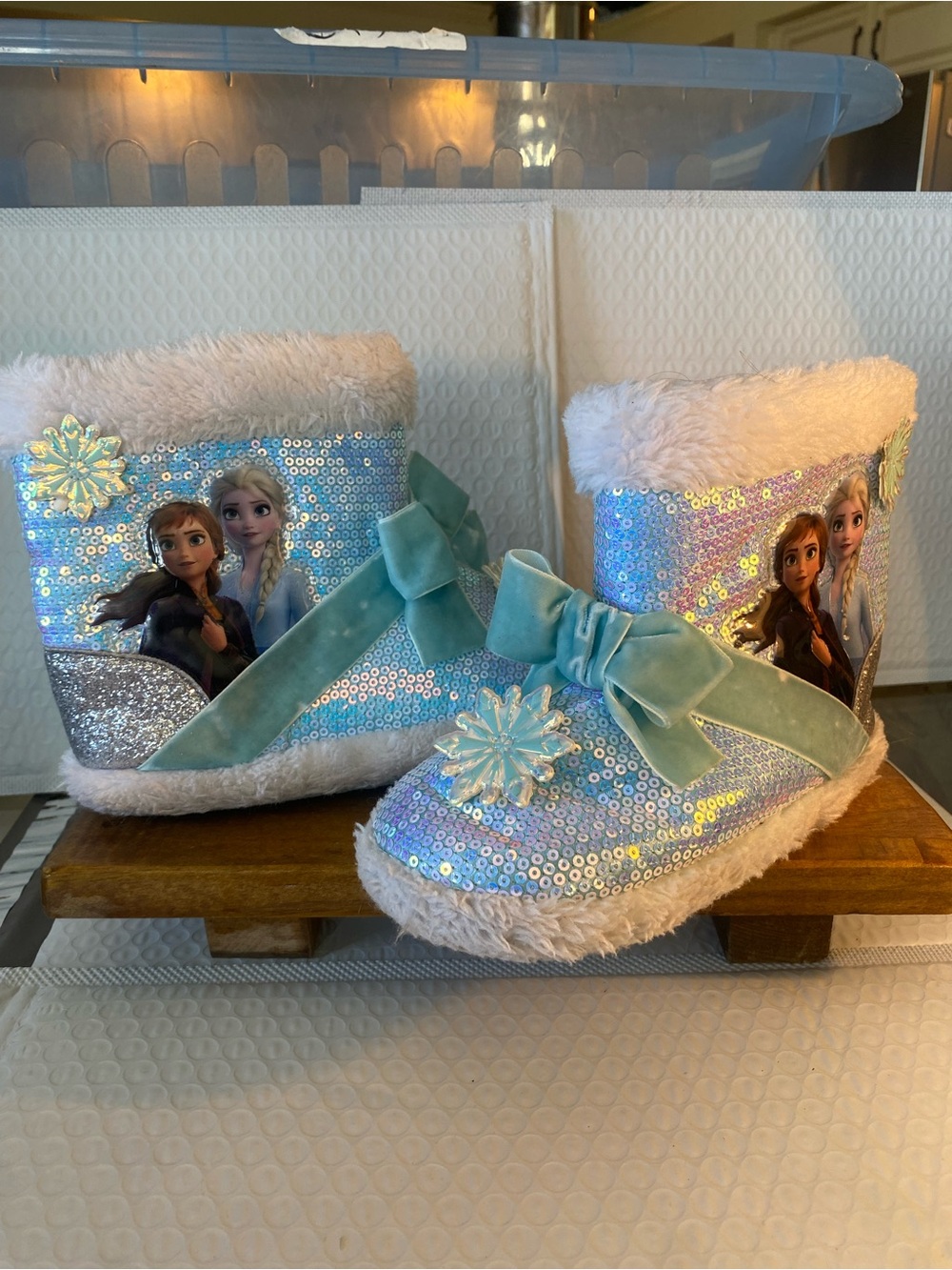 Disney Sequin Light Blue Kids Slipper Boots with Bow and Snowflake